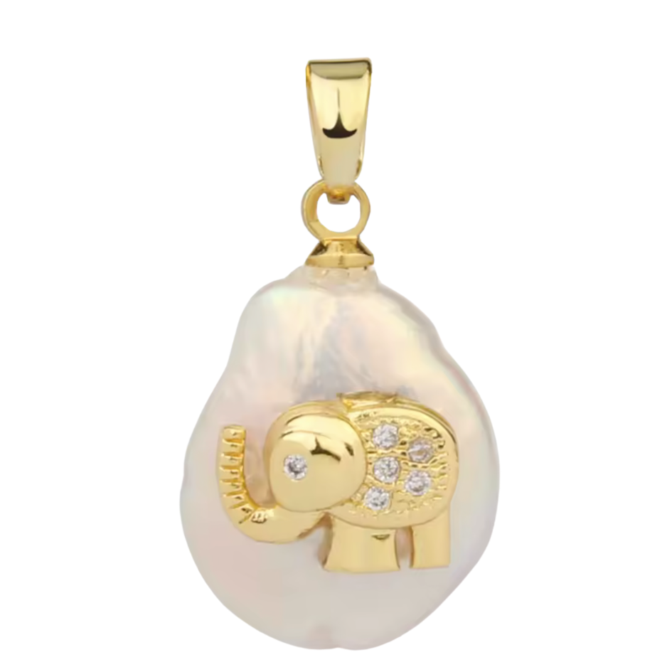 Freshwater Pearl With CZ Gem Elephant Charm