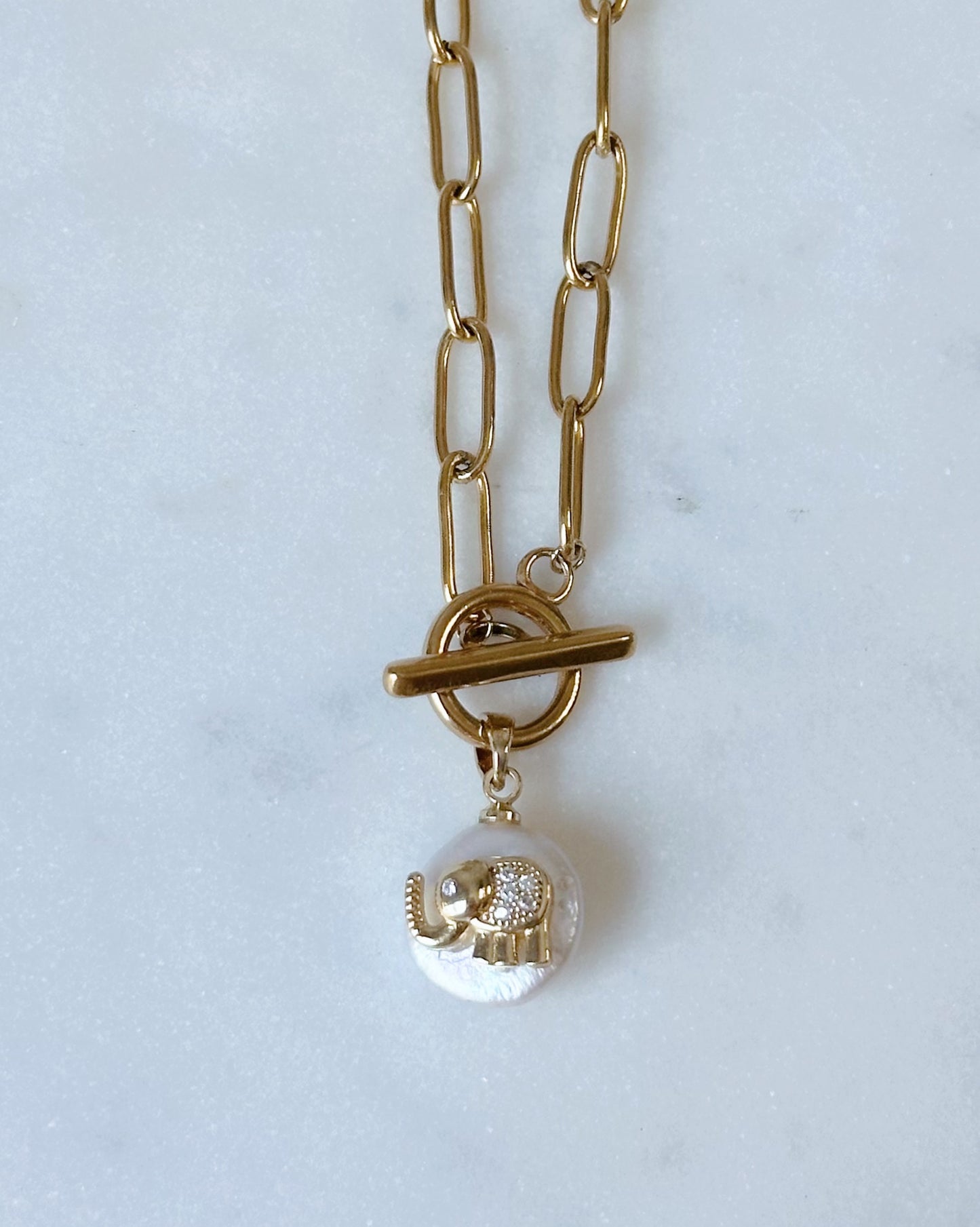 Pearl Charm Paperclip and Toggle Necklace