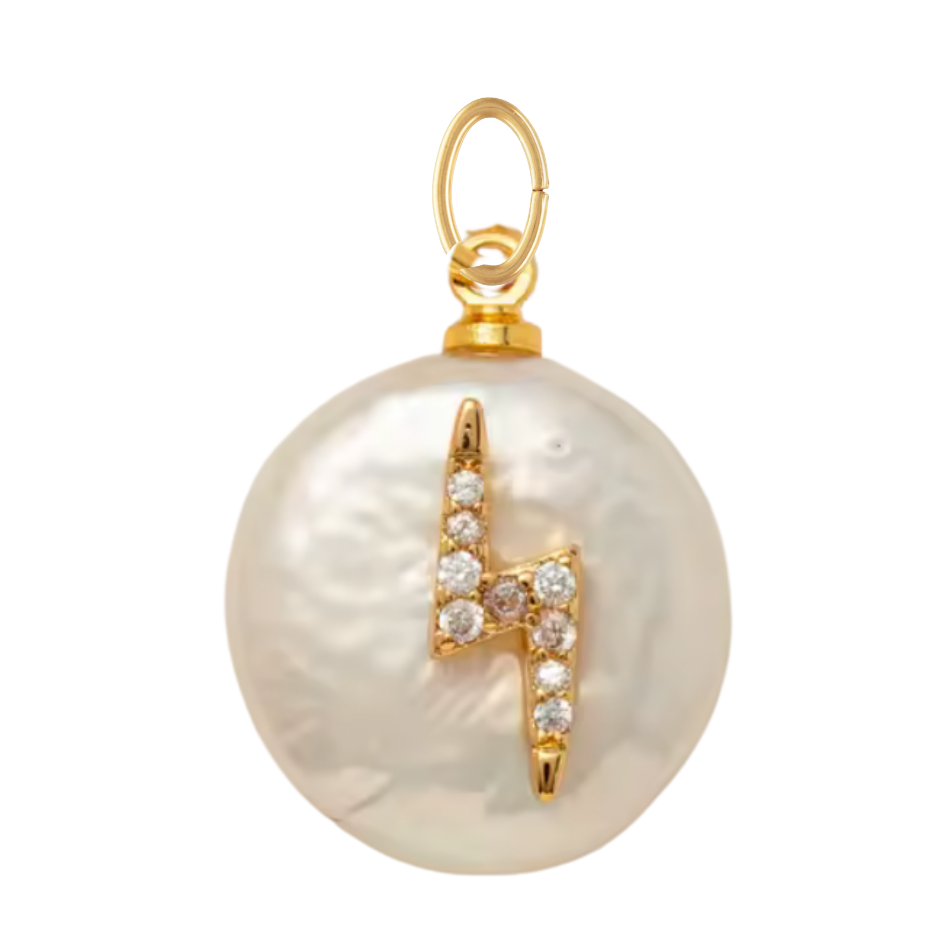 Round Freshwater Pearl with CZ Gem Lightning Bolt Pendant