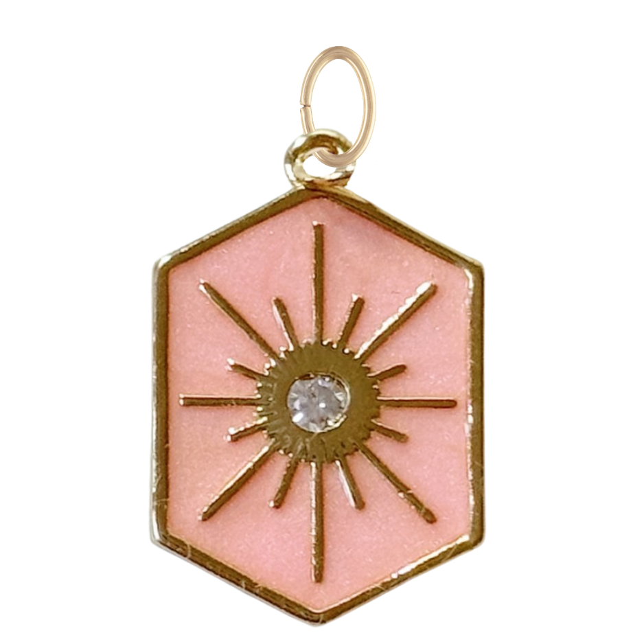 Gold Pink Enamel Sunburst Pendant