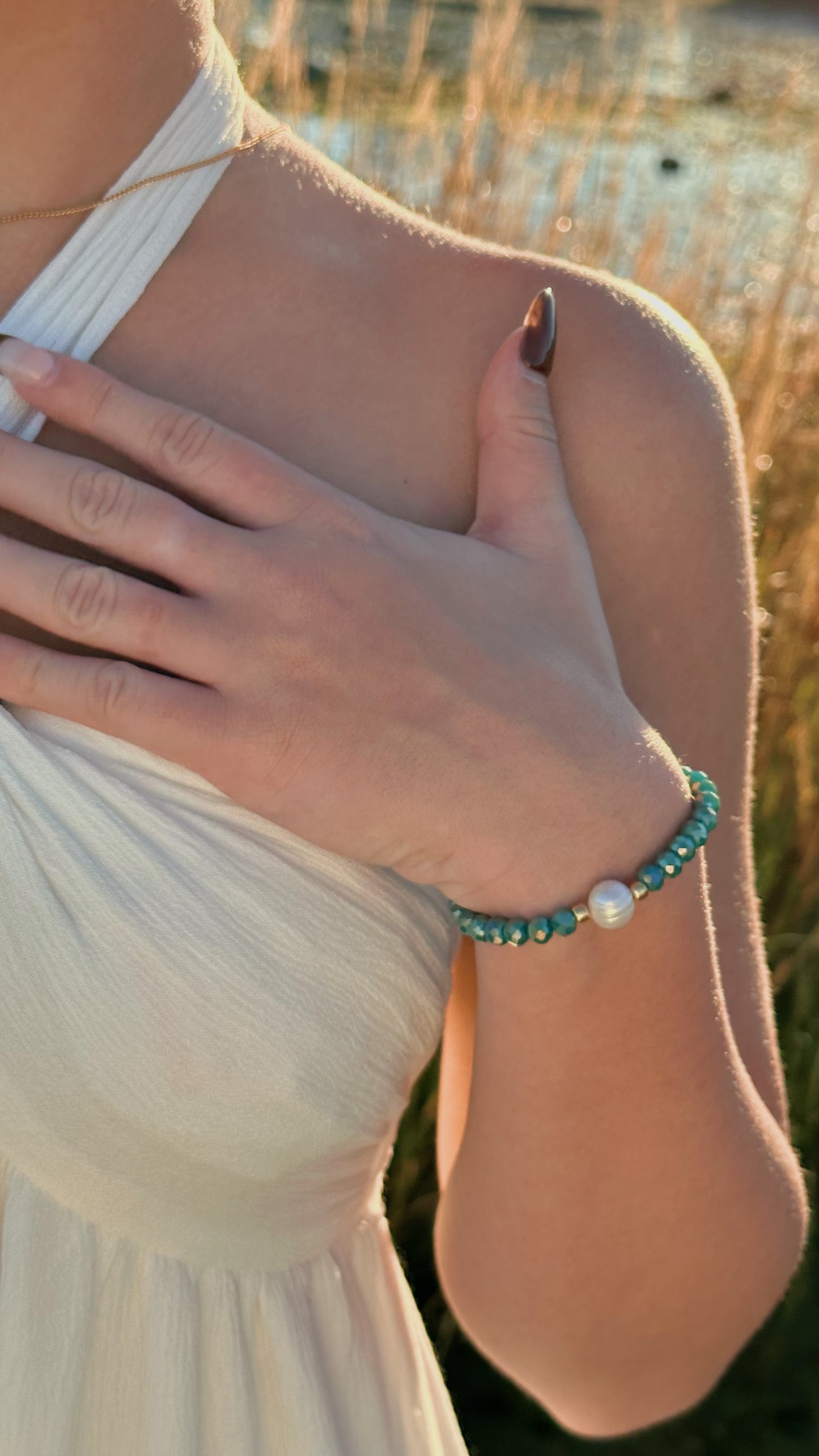 Seafoam Glass Bead and Pearl Bracelet