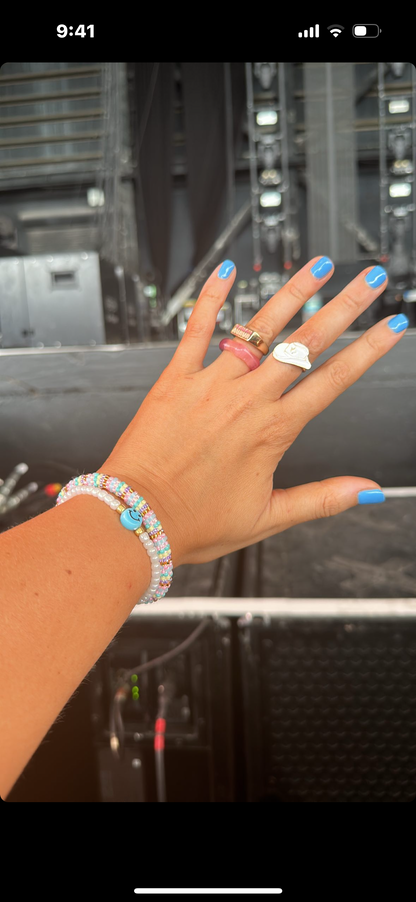 Blue smiley beaded bracelet stack