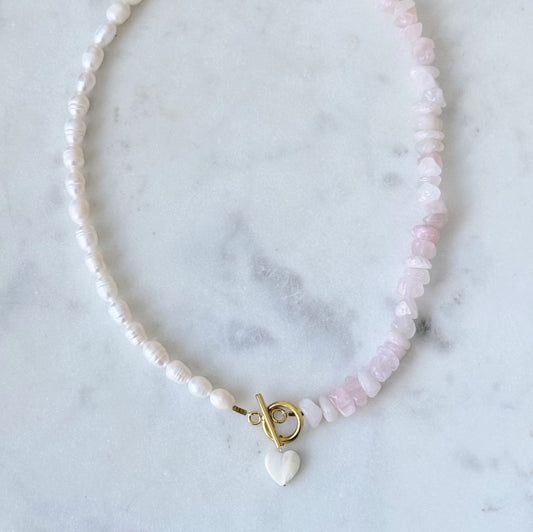 Love you more rose quartz and pearl necklace