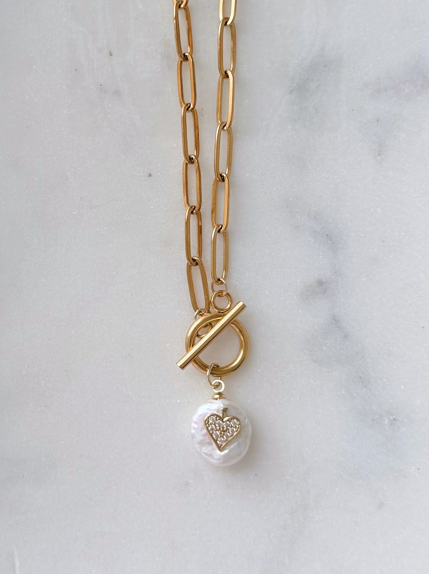 Pearl Charm Paperclip and Toggle Necklace