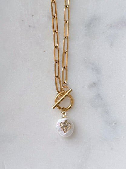 Pearl Charm Paperclip and Toggle Necklace