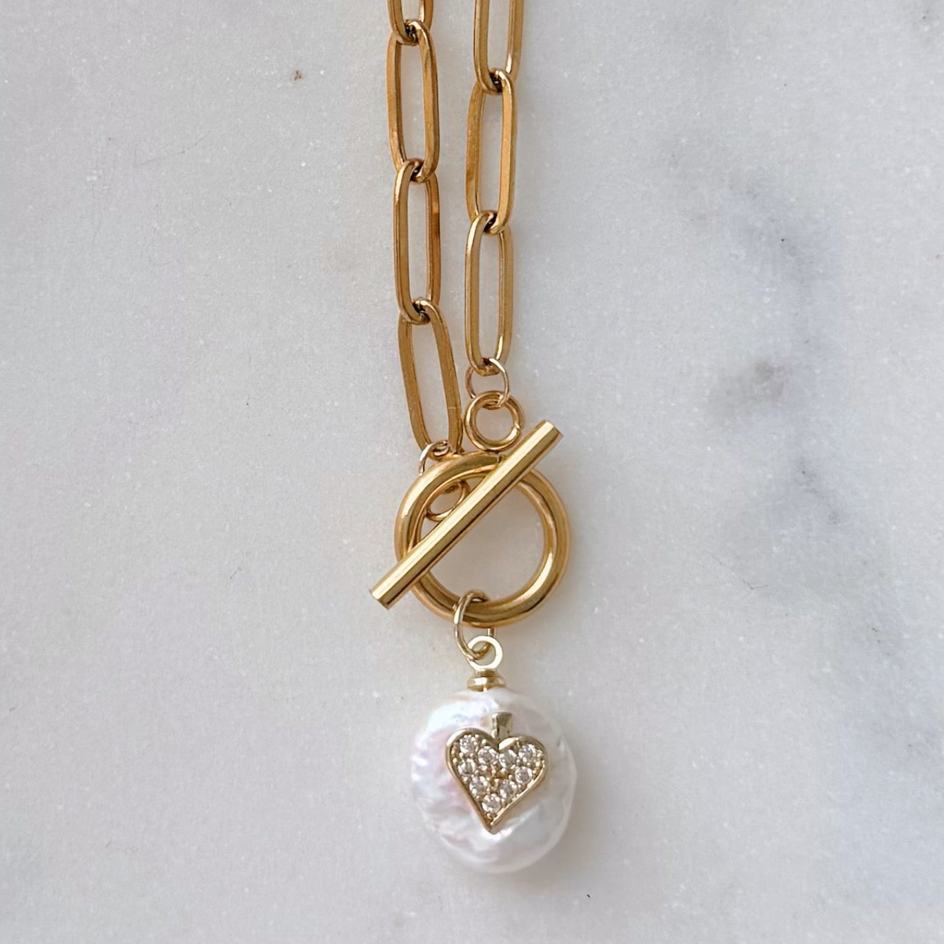 Pearl Charm Paperclip and Toggle Necklace