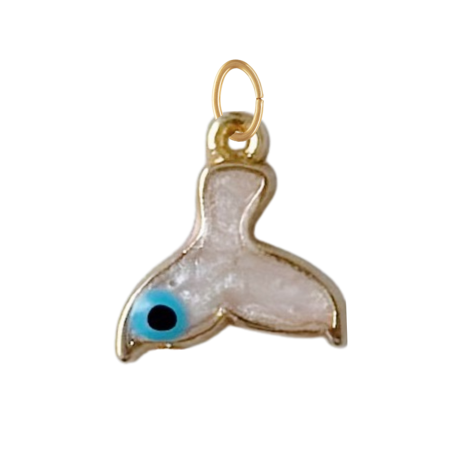 Dainty Pearl White Whale Tail With Evil Eye Charm