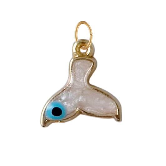 Dainty Pearl White Whale Tail With Evil Eye Charm