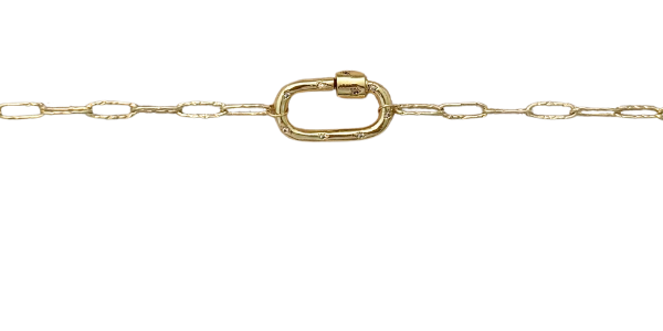 Gold CZ Gem Carabiner with Hammered Paperclip Chain