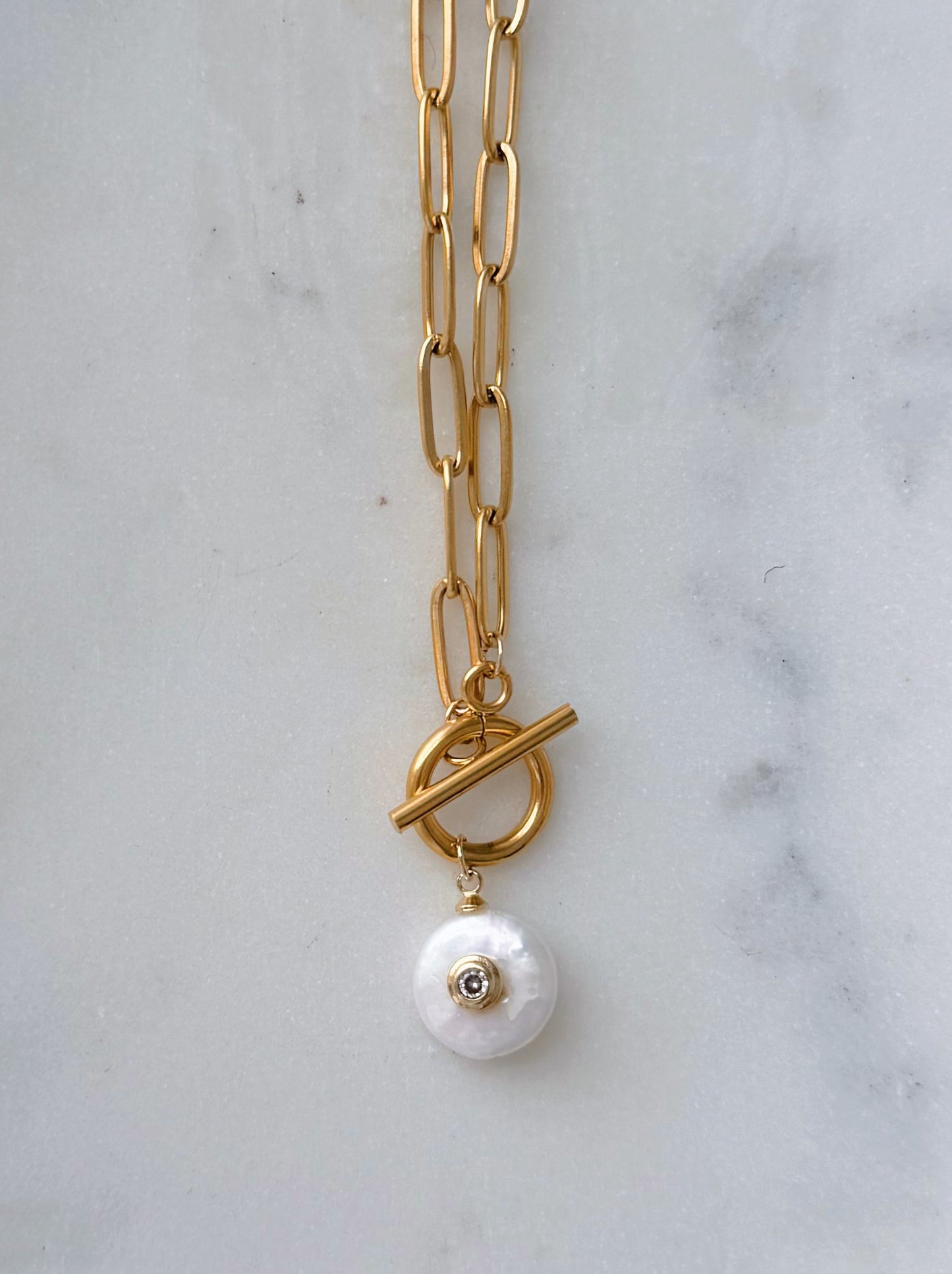 Pearl Charm Paperclip and Toggle Necklace