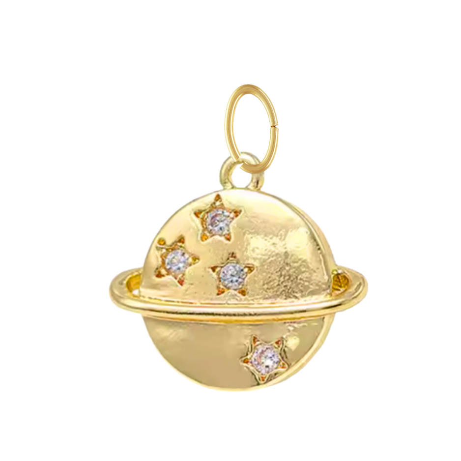 Gold Saturn Charm with CZ Gems