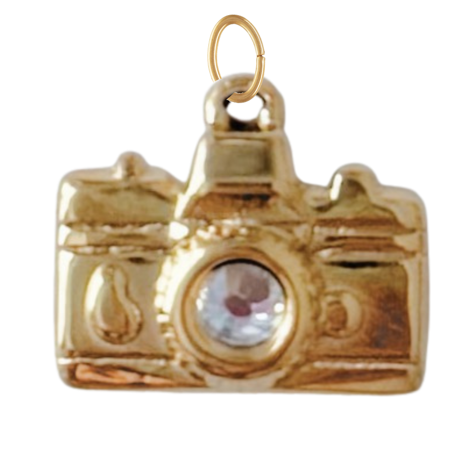 Gold Camera with CZ Gem Charm