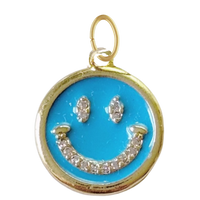 Gold Blue CZ Gem Smiley Face Pendant