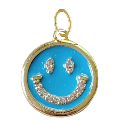 Gold Blue CZ Gem Smiley Face Pendant