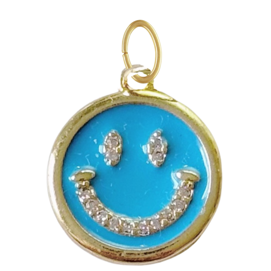 Gold Blue CZ Gem Smiley Face Pendant