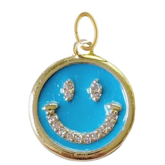 Gold Blue CZ Gem Smiley Face Pendant