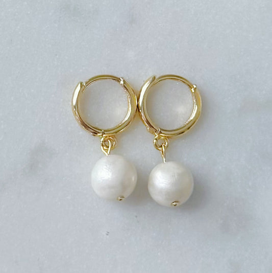 Round Pearl Huggie Earrings