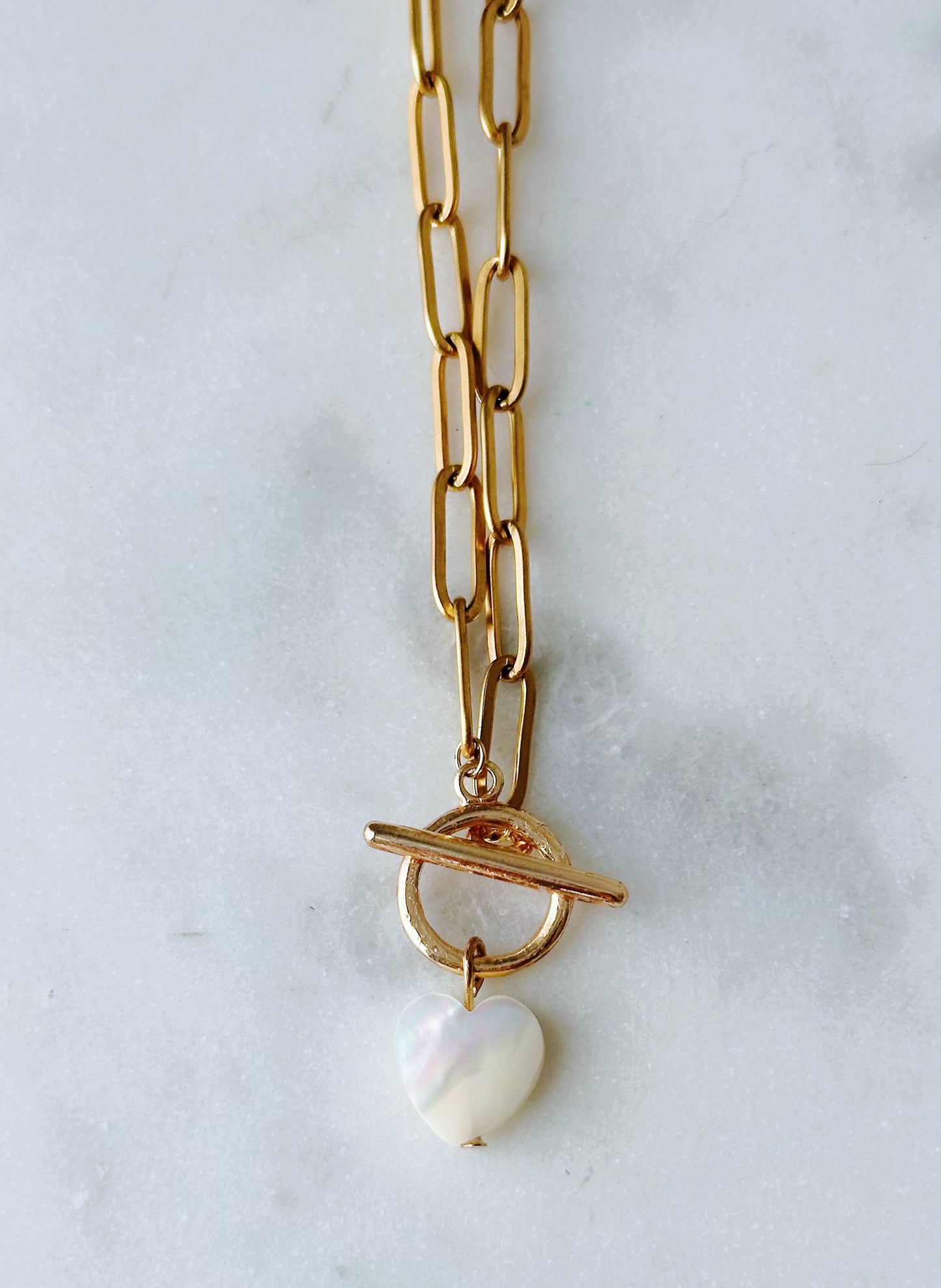 Shell heart paperclip and toggle necklace