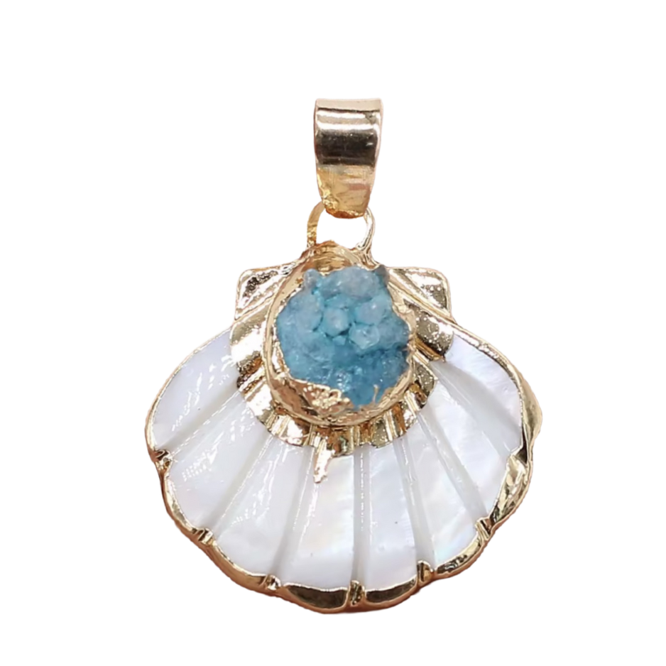 Gold Seashell with Turquoise Stone Pendant