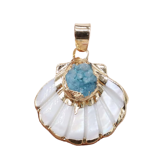 Gold Seashell with Turquoise Stone Pendant