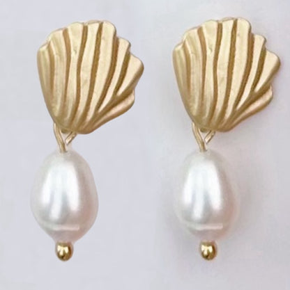 Gold Seashell and Pearl Earrings