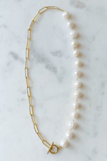 Isla Pearl and Paperclip Half & Half Necklace