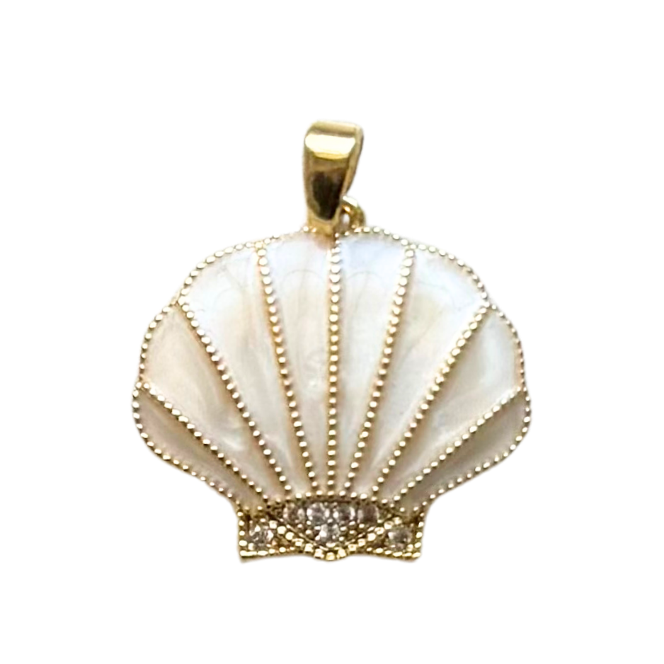 Pearl White CZ Gem Scallop Shell Pendant