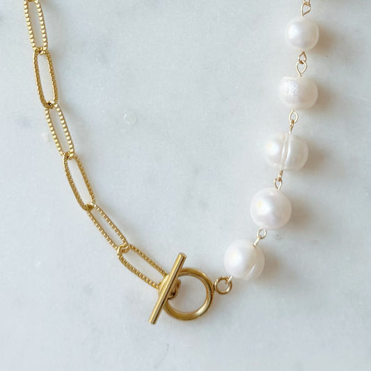 Isla Pearl and Paperclip Half & Half Necklace