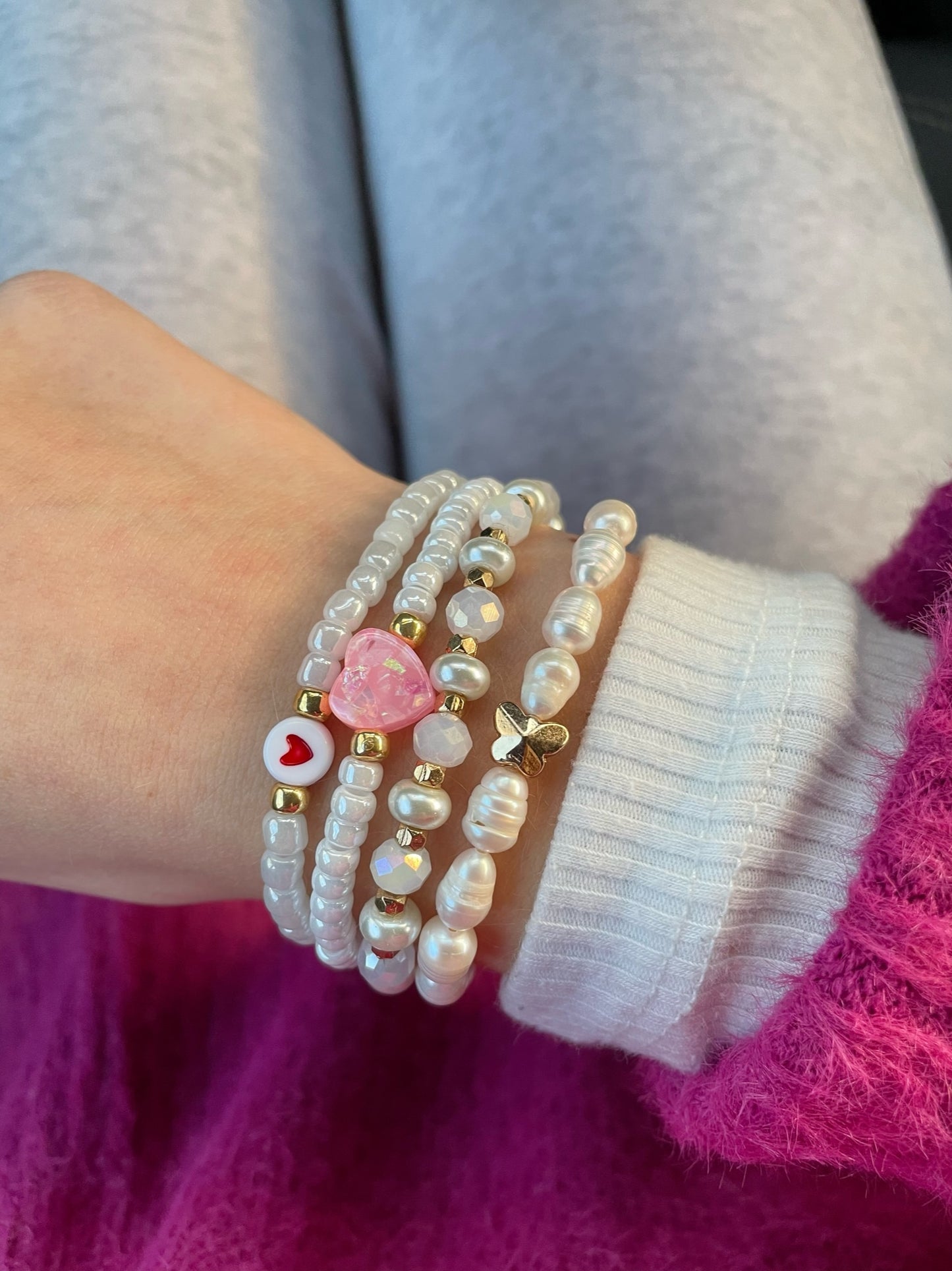 Pink opal heart beaded bracelet