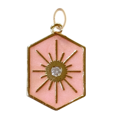 Gold Pink Enamel Sunburst Pendant