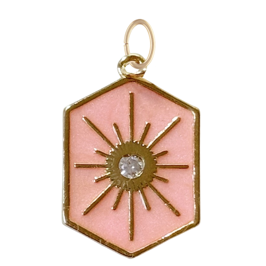 Gold Pink Enamel Sunburst Pendant