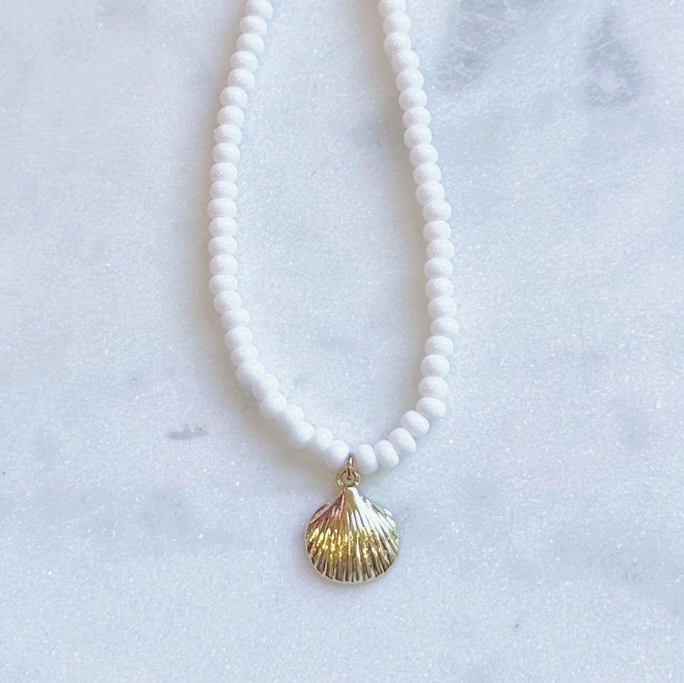 Beaded gold seashell charm necklace