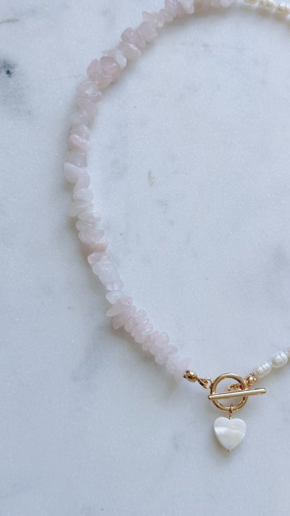 Love you more rose quartz and pearl necklace