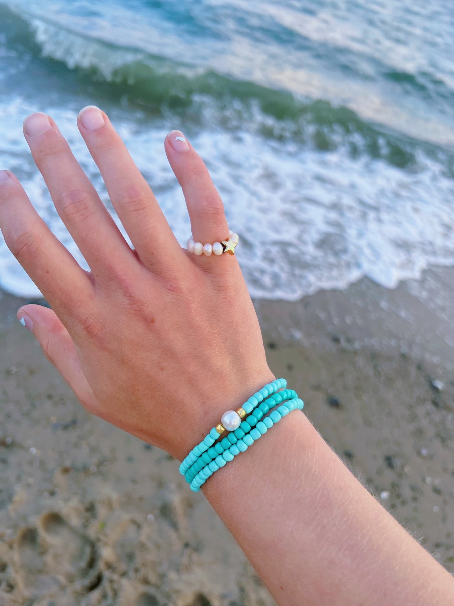 Blue pearl beaded bracelet stack