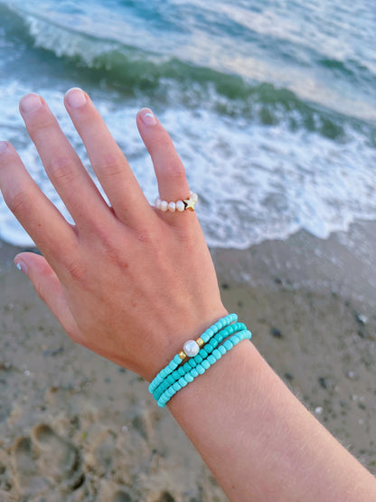 Blue pearl beaded bracelet stack