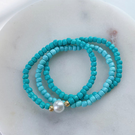 Blue pearl beaded bracelet stack